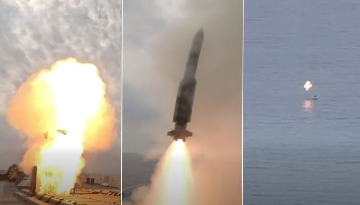 This collage shows Pakistan Navy successfully testing surface-to-air missile in North Arabian Sea. Screengrabs taken from a video released on January 10, 2026. — ISPR