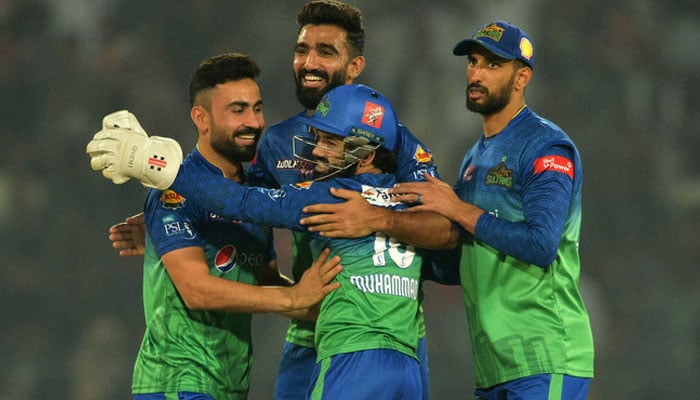 Multan Sultans players celebrate after the dismissal of Karachi Kings Haider Ali during a PSLmatch at the Multan Cricket Stadium in Multan on February 22, 2023. — AFP
