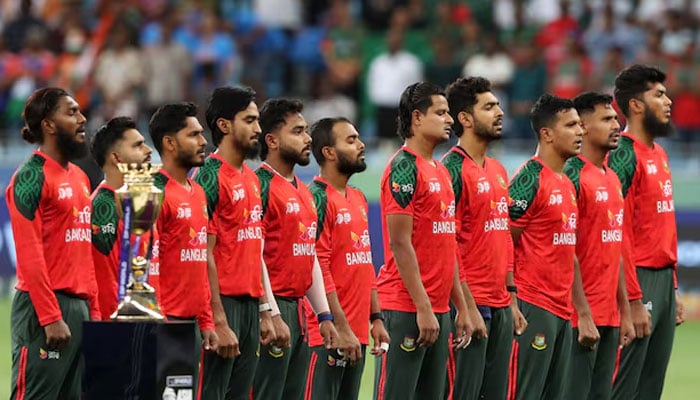 General view of the trophy as the Bangladeshi players line up during the national anthems before India vs Bangladesh match during the Asia Cup 2025 at Dubai International Cricket Stadium, Dubai, United Arab Emirates on September 24, 2025. — Reuters