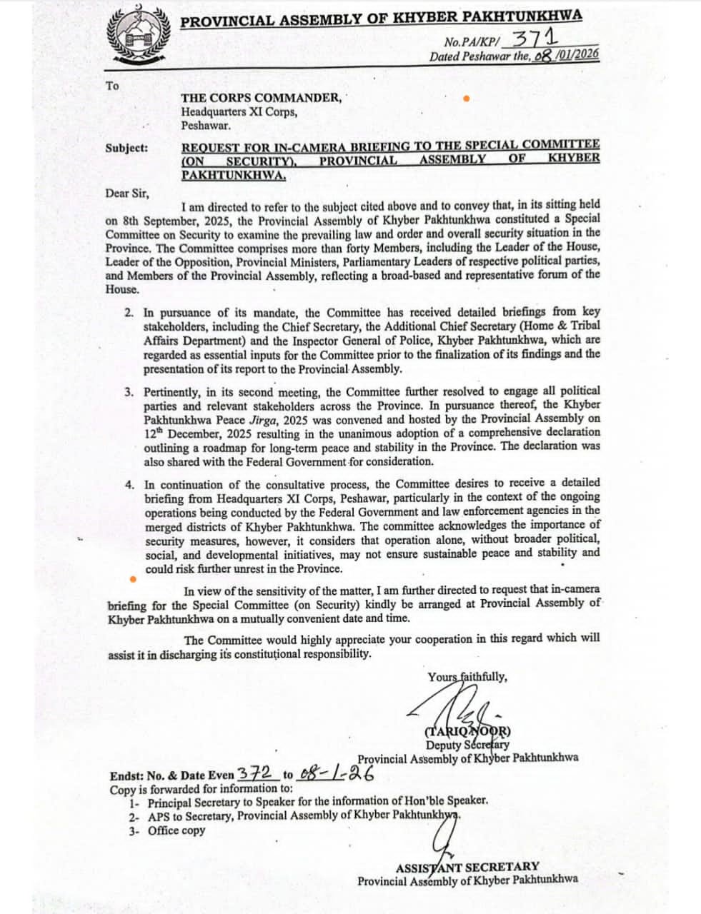 Letter written by KP Assemblys deputy secretary to Headquarters XI Corps. — Reporter