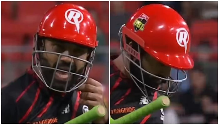 This collage of screenshots show Pakistan wicketkeeper-batter Mohammad Rizwan walks off the field after being retired out during a match between Melbourne Renegades and Sydney Thunder in Sydney. — Instagram/bbl