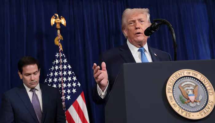 US President Donald Trump speaks as Secretary of State Marco Rubio looks down during a press conference following a US strike on Venezuela where President Nicolas Maduro and his wife, Cilia Flores, were captured, from Trumps Mar-a-Lago club in Palm Beach, Florida, US, January 3, 2026. — Reuters