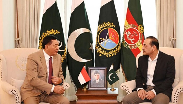 Chief of Defence Forces (CDF) and Chief of Army Staff Field Marshal Syed Asim Munir is seen in a meeting with Lieutenant General Sjafrie Sjamsoeddin (Retd), Minister of Defence of the Republic of Indonesia at General Headquarters (GHQ), Rawalpindi on January 12, 2026. — ISPR