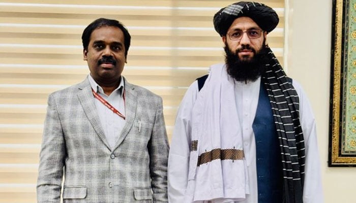 Chargé d’Affaires of the Embassy of the IEA in New Delhi Mufti Noor Ahmad Noor (right) pictured with Indias Joint Secretary of PAI Anand Prakash on January 12, 2026. — X@AFGEmbassyINDIA