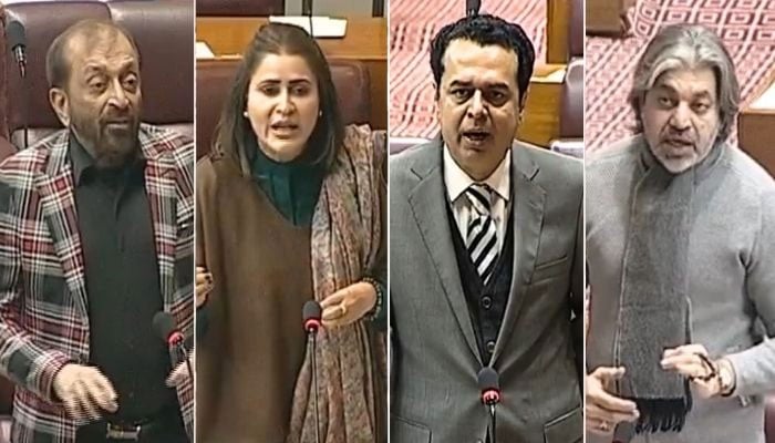 (From left to right) MQM-P lawmaker Farooq Sattar, PPP leader Shazia Marri, Minister of State for Interior Talal Chaudhry and PTI’s Ali Mohammad Khan address National Assembly session on January 13, 2026. — X/@NAofPakistan/screengrab