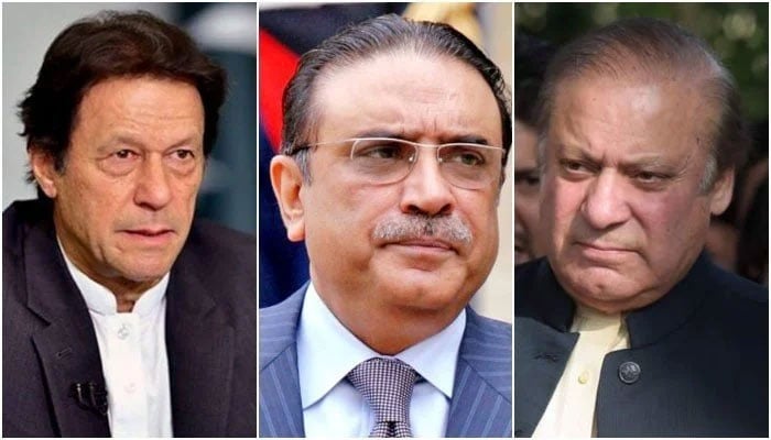 This collage shows PTI founder Imran Khan (left), President Asif Ali Zardari (centre), and PML-N President Nawaz Sharif  — Geo.tv/Files
