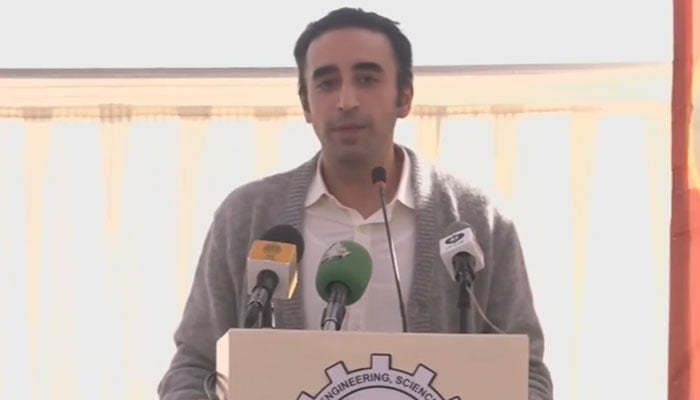Pakistan Peoples Party (PPP) Chairman Bilawal Bhutto-Zardari addresses a ceremony held in connection with the inauguration of a new campus of NED University in Tharparker on January 14, 2026. — X/ @MediaCellPPP/screengrab