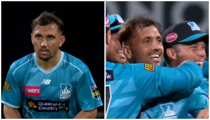 This collage of screesgrabs shows Pakistan pacer Zaman Khan (left) preparing to deliver a ball, and celebrating with teammates after guiding Brisbane Heat to victory over Hobart Hurricanes in their BBL 15 match in Hobat, January 14, 2026. — X@BBL