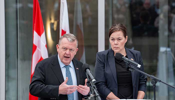 Danish Foreign Minister Lars Lokke Rasmussen (left) and Greenlandic Foreign Minister Vivian Motzfeldt speak to the media at the Danish Embassy on January 14, 2026 in Washington, DC. — AFP