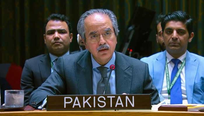 Pakistans UN Ambassador Asim Iftikhar speaks during an emergency UNSC meeting on Middle East in New York, US, on September 12, 2025. — X@PakistanUN_NY