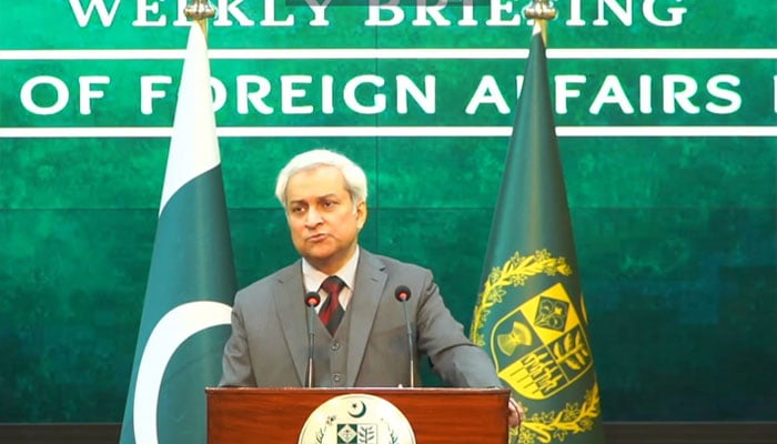 Foreign Office spokesperson Tahir Hussain Andrabi addresses the weekly press briefing on January 15, 2026. — Screengrab via Geo News