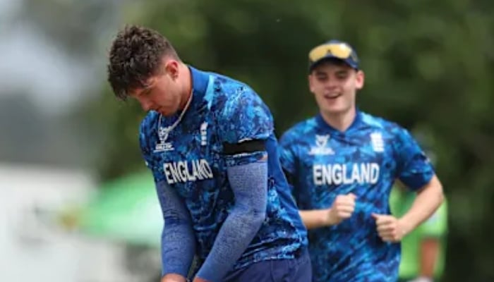 England’s Alex Green celebrates a wicket during their ICC U19 Mens Cricket World Cup 2026 match against Pakistan at Takashinga Sports Club on January 16, 2026 in Harare, Zimbabwe. — ICC