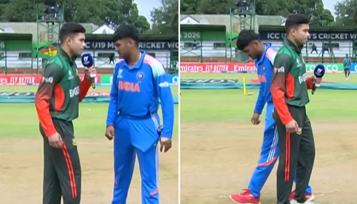 This collage shows India and Bangladesh captains at the toss during the U19 World Cup 2026 match on January 17, 2026. — X/@StarSportsIndia