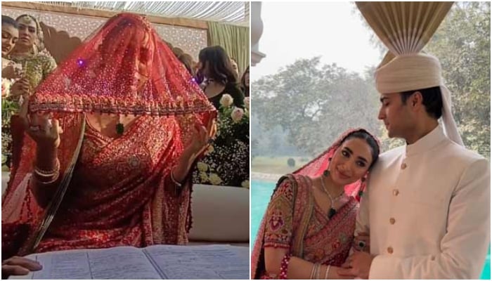 Punjab CM Maryam Nawaz son Junaid Safdar with bride Shanzeh (right), the bride can bee seen during Nikkah ceremoney (left) held in Lahore residence Jati Umrah on January 17,2025.— irfanahson/instagram