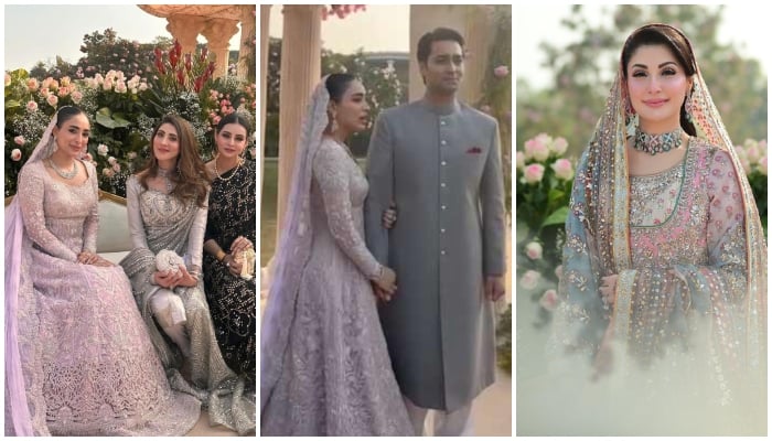 (Left to right) bride Shanzeh with PLMN leader Hina Pervaiz, newlywed couple and Punjab Chief Minister Maryam Nawaz. &mdash; Geo News