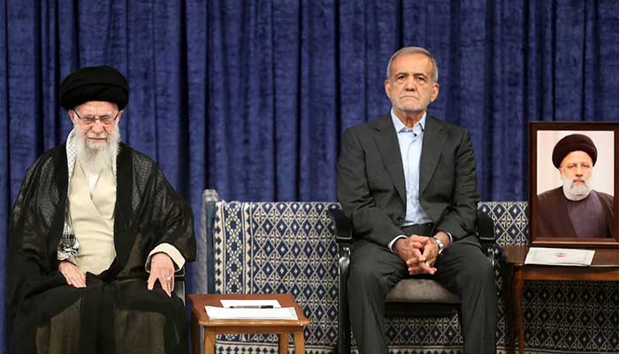 Irans Supreme Leader Ayatollah Ali Khamenei and Irans new president, Masoud Pezeshkian, attend an endorsement ceremony in Tehran, Iran, July 28, 2024. — Reuters
