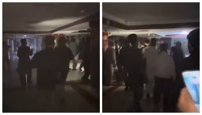 This collage of photos shows people running for safety after a fire broke out in Karachis Gul Plaza on January 17, 2026. — Instagram/geonewsdottv