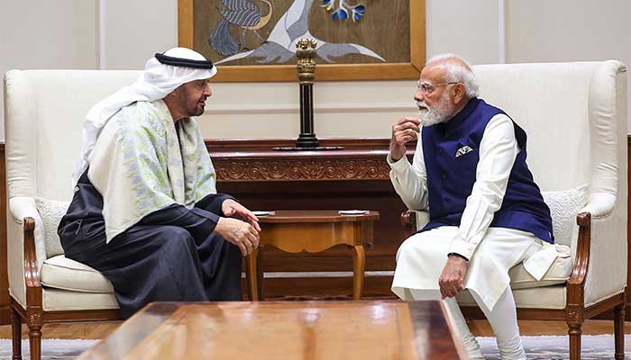 This handout photograph taken and released by the Indian Press Information Bureau (PIB) on January 19, 2026 shows UAE President Sheikh Mohamed bin Zayed al-Nahyan (L) speaking with Indias Prime Minister Narendra Modi during their meeting in New Delhi. — AFP