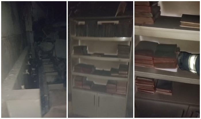This collage shows Wudu (ablution) area and copies of Holy Quran placed on a bookshelf inside mosque of Gul Plaza on January 19, 2026, after devastating fire hit the shopping centre that claimed at least 26 lives and leaving several missing. — Screengrab via Geo News