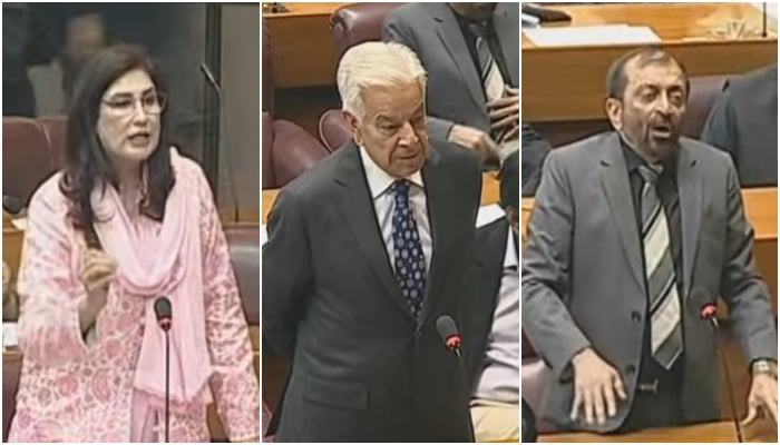 From left to right PPP MNA Syeda Shehla Raza, Defence Minister Khawaja Asif and MQM-P MNA Farooq Sattar and addressing National Assembly on January 20, 2026. — Screengrab via YouTube/National Assembly Of Pakistan