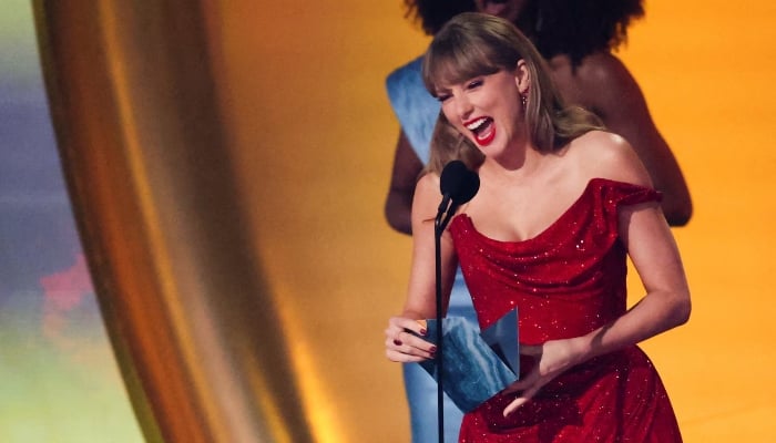Taylor Swift reacts on stage during the 67th Annual Grammy Awards in Los Angeles, California, U.S., February 2, 2025. — Reuters
