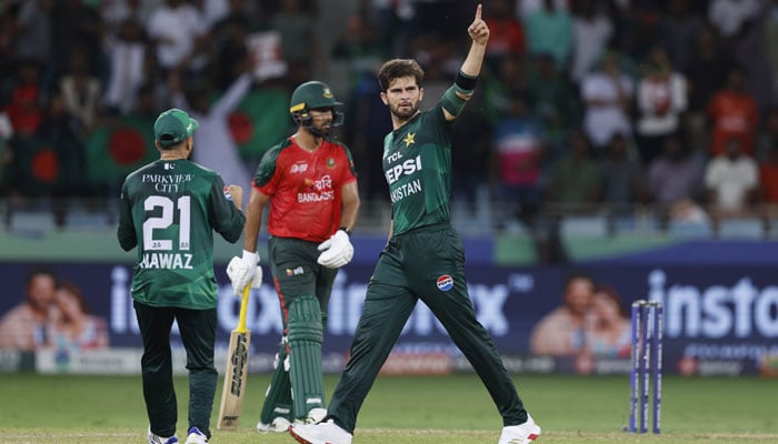 Pakistans Shaheen Shah Afridi (right) celebrates taking a wicket during their ACC Mens T20 Asia Cup 2025 Super Four match against Bangladesh at the Dubai International Cricket Stadium in Dubai on September 25, 2025. — ACC