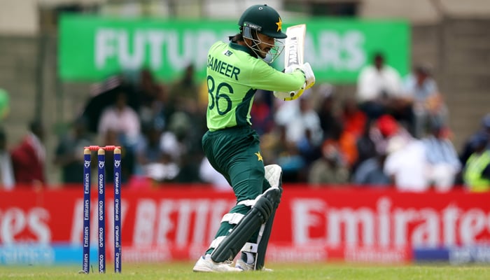 Pakistan U19 batters Sameer Minhas in action during U19 World Cup group stage match against Zimbabwe at the Takashinga Sports Club, Harare, Zimbabwe, January 22, 2026. — PCB