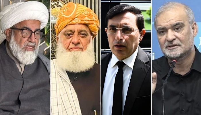(From left to right) Opposition Leader in Senate, Allama Raja Nasir Abbas, JUI-F chief Maulana Fazlur Rehman, PTI Chairman Barrister Gohar Ali Khan and JI chief Hafiz Naeemur Rehman. — Faceebook/AFP/File