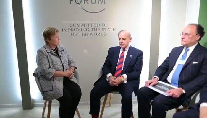 PM Shehbaz Sharif (centre) is seen in a discussion with IMF Managing Director Kristalina Georgieva (left)  along with Finance Minister Muhammad Aurangzeb during their meeting on the sidelines of the World Economic Forum in Davos, Switzerland, January 22, 2026. — X/Prime Minister’s Office