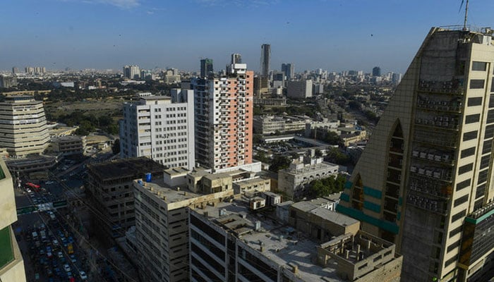 An aerial view of the commercial district of Pakistans port city of Karachi on January 27, 2023. — AFP/File