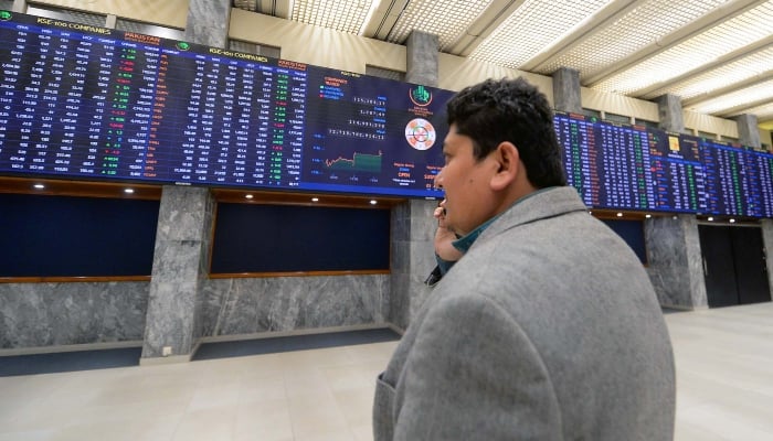 Broker is busy in trading at Pakistan Stock Exchange (PSX) in Karachi on Thursday, April 3, 2025. — PPI