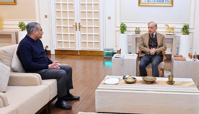 PCB Chief Mohsin Raza Naqvi (left) speaks to Prime Minister Shehbaz Sharif in Islamabad, January 26, 2026. — PID