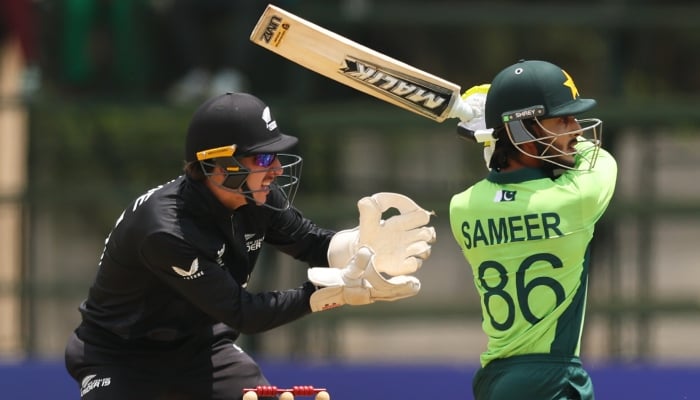 Pakistan’s Sameer Minhas plays a shot during their ICC Mens U19 World Cup 2026 match against New Zealand at Harare Sports Club, Zimbabwe, January 27, 2026. — X/PCB