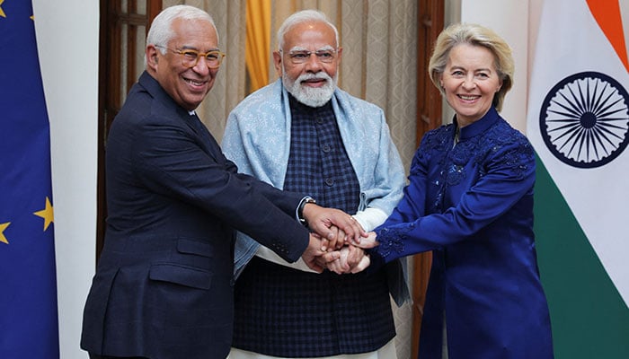 European Council President Antonio Costa, European Commission President Ursula von der Leyen and Indian Prime Minister Narendra Modi pose during a photo opportunity ahead of their meeting at the Hyderabad House in New Delhi, India on January 27, 2026. — Reuters
