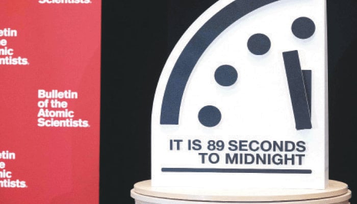The Doomsday Clock is seen at 89 seconds to midnight, the closest it has ever been to midnight in its 78-year history. — AFP