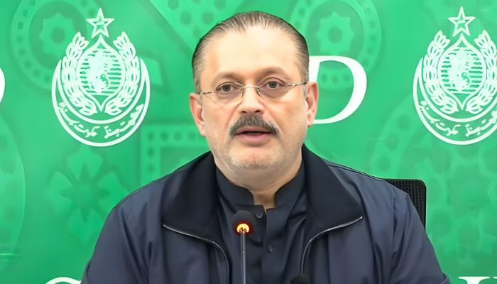 Sindh Senior Minister Sharjeel Inam Memon addresses a press conference in Karachi on January 29, 2026. — Screengrab via Geo News