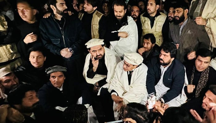 Khyber Pakhtunkhwa Chief Minister Sohail Afridi stages a sit-in along with PTI lawmakers and workers near Adiala jail in Rawalpindi on January 29, 2026. — Facebook/ Muhammad Sohail Afridi