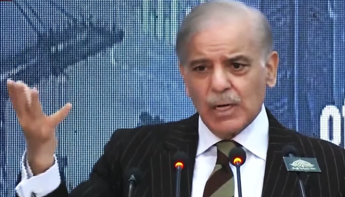 Prime Minister Shehbaz Sharif speaks during ceremony held in honour of the eminent businessmen and exporters of the country in Islamabad, January 30, 2026. — Screengrab via YouTube/Geo News