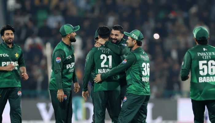 Pakistans Usman Tariq celebrates taking a wicket with teammates during their second T20I against Australia at the Gaddafi Stadium in Lahore on January 31, 2026. — PCB