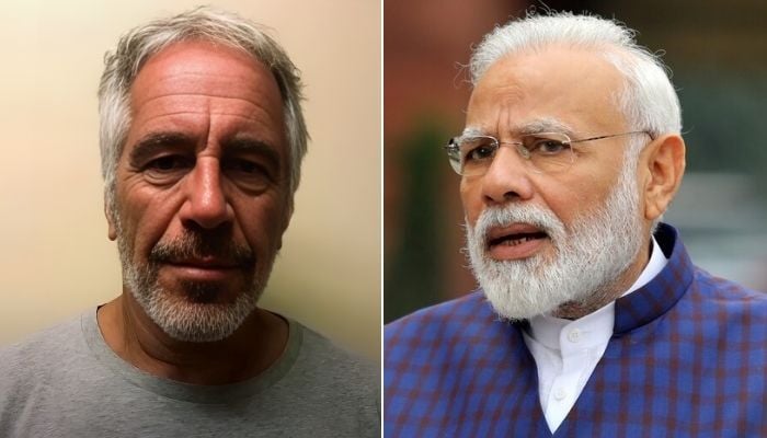 This collage shows deceased convicted sex offender Jeffrey Epstein alongside Indian Prime Minister Narendra Modi. — Reuters