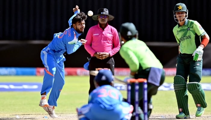 Kanishk Chouhan delivers a ball during the ICC Mens U19 World Cup match against Pakistan at Queens Sports Club in Bulawayo, February 1, 2026. — ICC