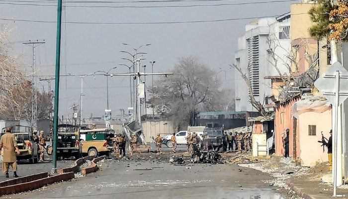 Security personnel inspect a blast site after an attack by terrorists in Quetta, Balochsitan on January 31, 2026. — AFP