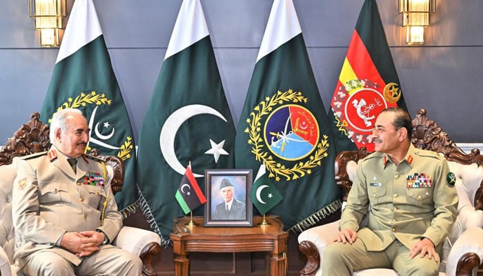 Commander-in-Chief of the Libyan Arab Armed Forces Field Marshal Khalifa Abu-al-Qasim Haftar (left) meets CDF Asim Munir at GHQ. — ISPR