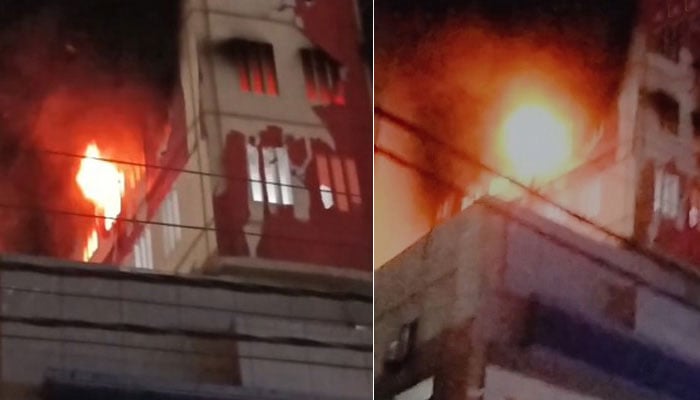 Fire breaks out in a building at Karachi’s mobile market on February 2,. 2026. — YouTube/ Geo News/screengrab