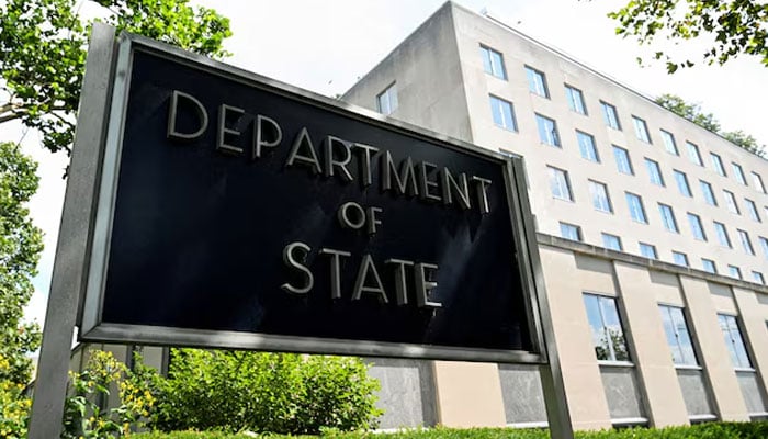 A general view of a US State Department sign outside the U.S. State Department building in Washington, D.C., US, July 11, 2025. — Reuters