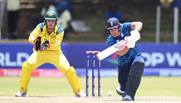 England’s Caleb Falconer drives during the first semi-final against Australia in Bulawayo on February 3, 2026. — ICC