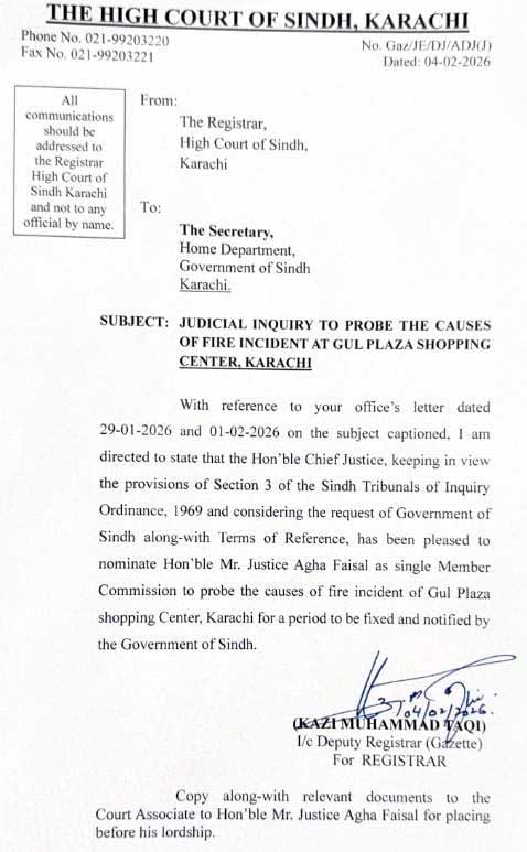 Copy of Sindh High Courts letter to provincial government. — Reporter