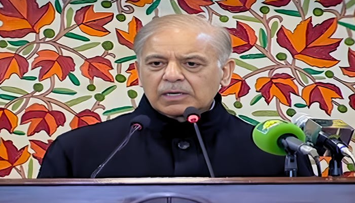 Prime Minister Shehbaz Sharif addresses special session related to Kashmir Solidarity Day at the Azad Jammu and Kashmir (AJK) legislative assembly, Muzaffarabad, February 5, 2026. — Screengrab via YouTube/Geo News
