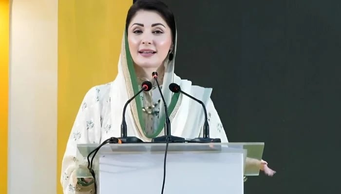 Punjab Chief Minister Maryam Nawaz addresses the ceremony for Apni Chhat Apna Ghar scheme on August 6, 2025. — Screengrab via Geo News