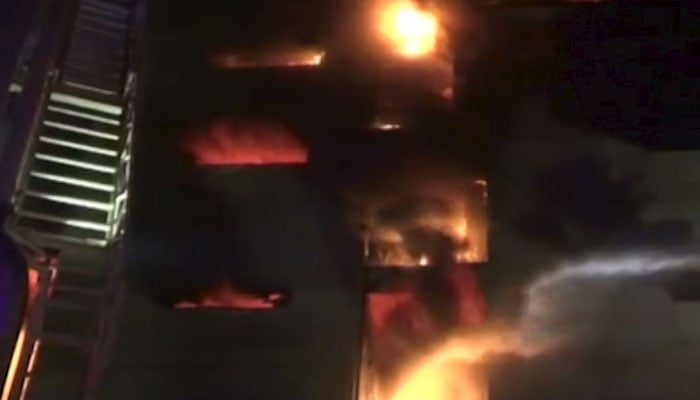 The image shows a factory in Karachi’s Landhi area on fire on February 6, 2026. — YouTube/Geo News (screengrab)